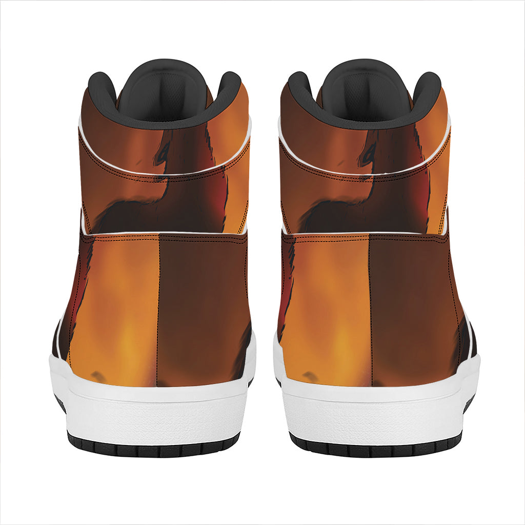 Red Moon Howling Wolf Print High Top Leather Sneakers