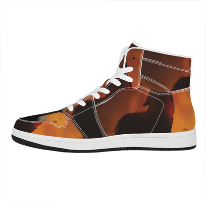 Red Moon Howling Wolf Print High Top Leather Sneakers
