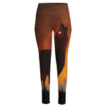Red Moon Howling Wolf Print High-Waisted Pocket Leggings