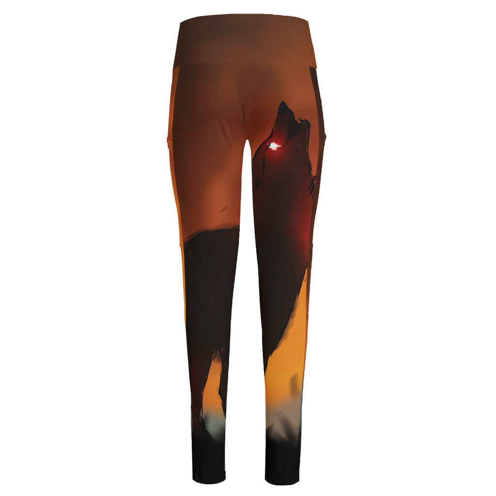 Red Moon Howling Wolf Print High-Waisted Pocket Leggings