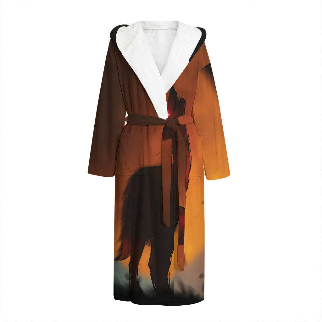 Red Moon Howling Wolf Print Hooded Bathrobe