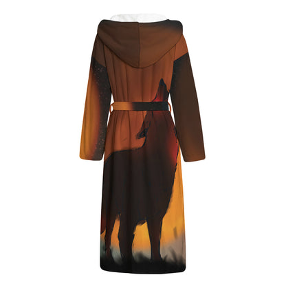Red Moon Howling Wolf Print Hooded Bathrobe