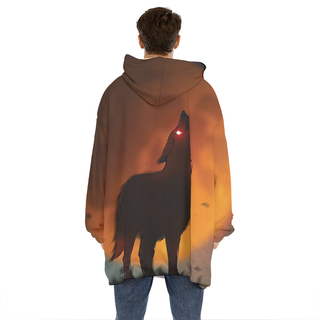 Red Moon Howling Wolf Print Hoodie Blanket
