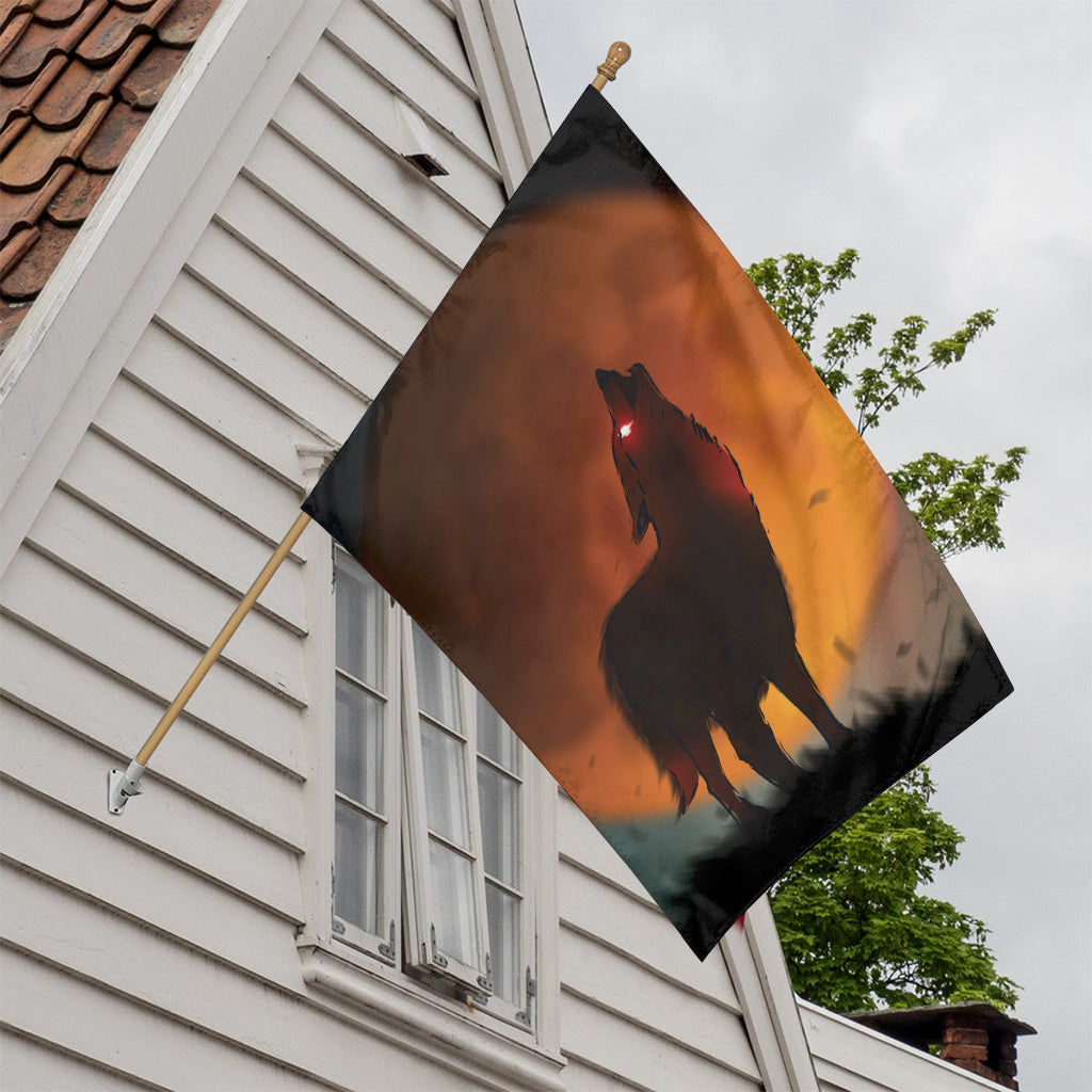 Red Moon Howling Wolf Print House Flag