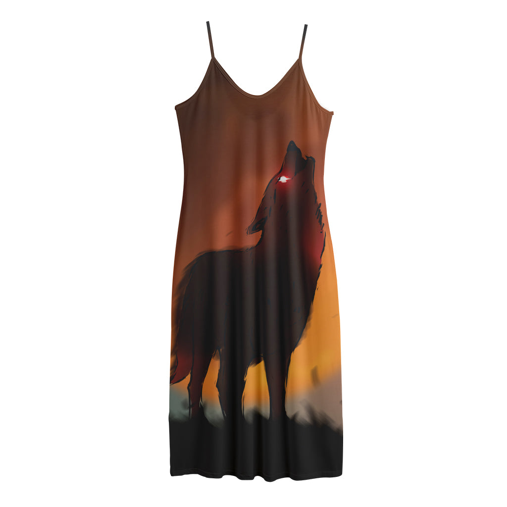 Red Moon Howling Wolf Print Jersey Midi Cami Dress