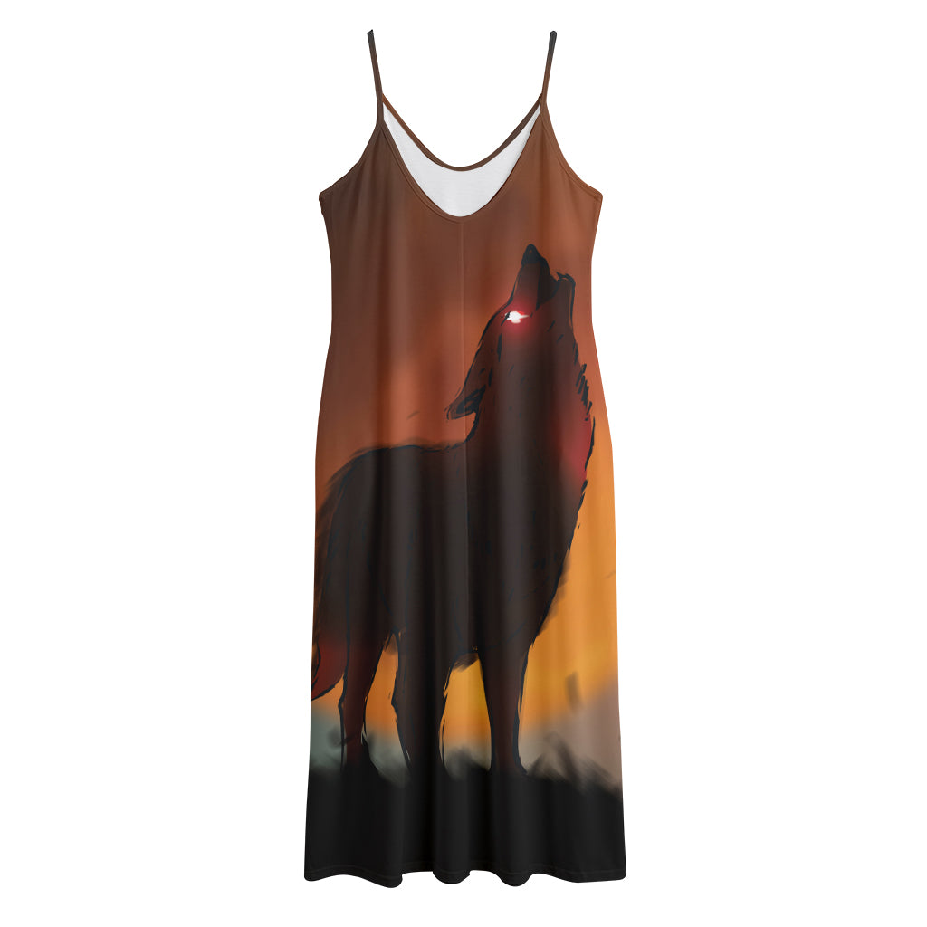 Red Moon Howling Wolf Print Jersey Midi Cami Dress