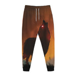 Red Moon Howling Wolf Print Jogger Pants