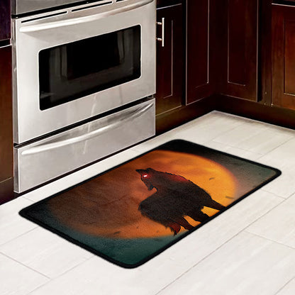 Red Moon Howling Wolf Print Kitchen Mat