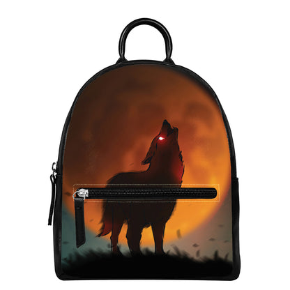 Red Moon Howling Wolf Print Leather Backpack