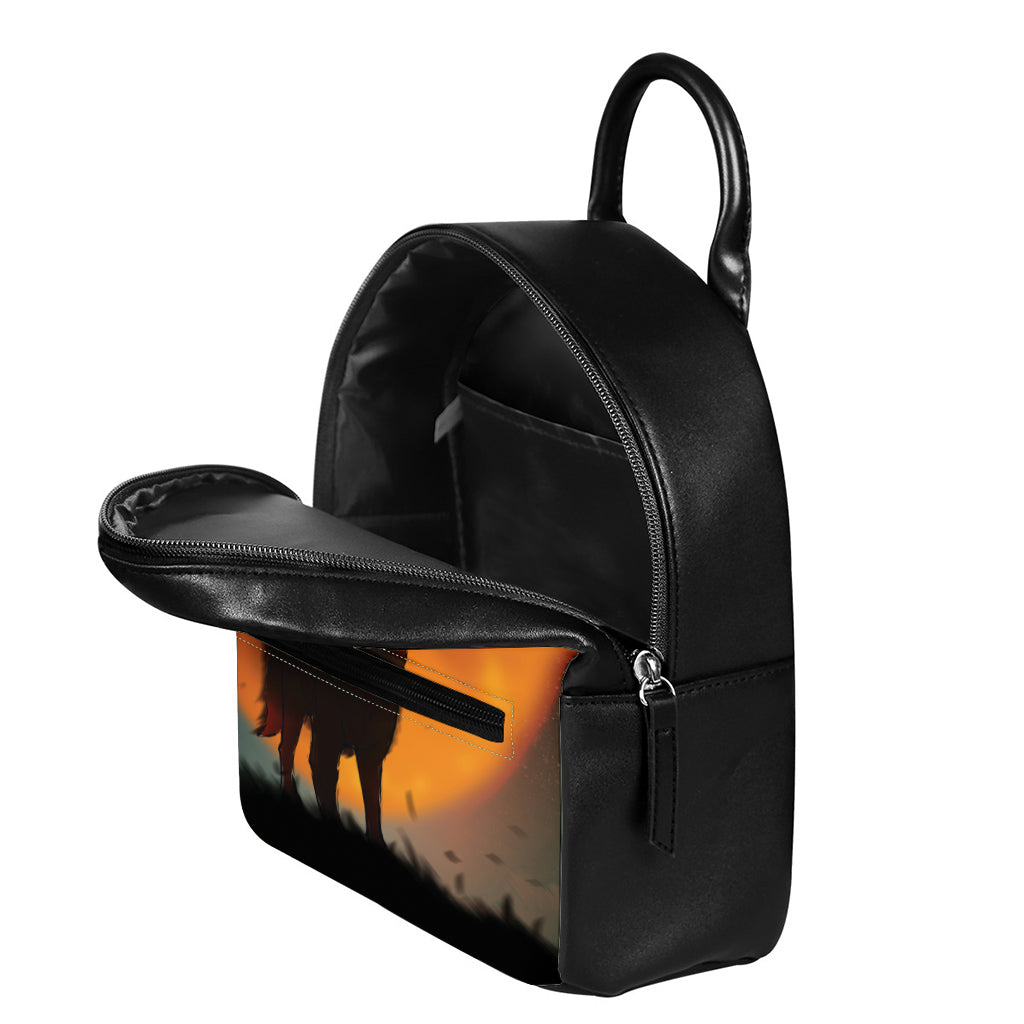 Red Moon Howling Wolf Print Leather Backpack