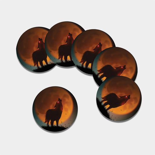Red Moon Howling Wolf Print Leather Coaster Set