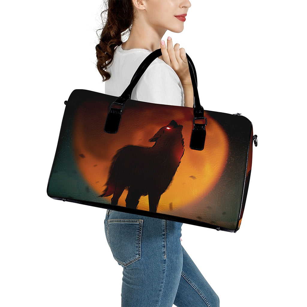Red Moon Howling Wolf Print Leather Duffle Bag