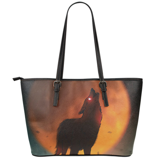 Red Moon Howling Wolf Print Leather Tote Bag