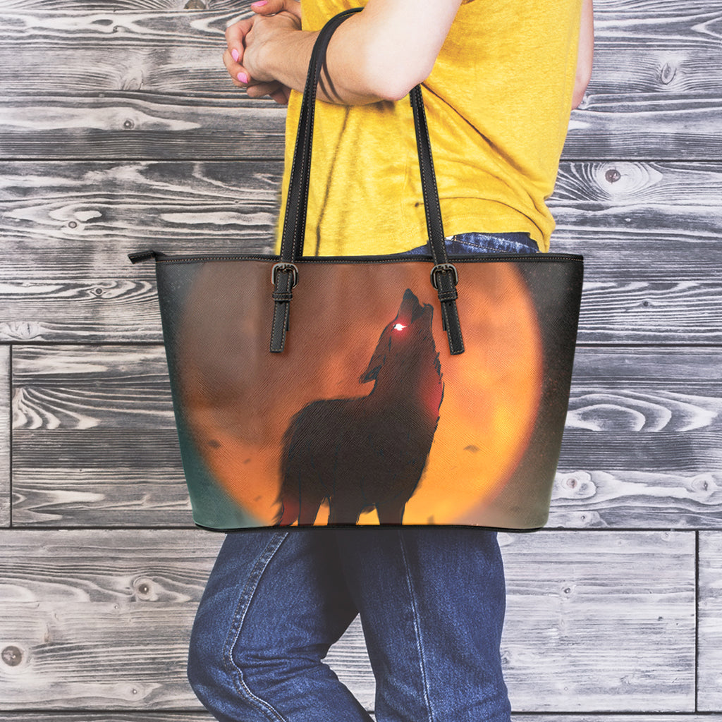 Red Moon Howling Wolf Print Leather Tote Bag