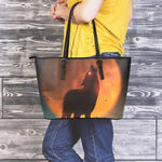 Red Moon Howling Wolf Print Leather Tote Bag