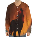 Red Moon Howling Wolf Print Long Sleeve Baseball Jersey