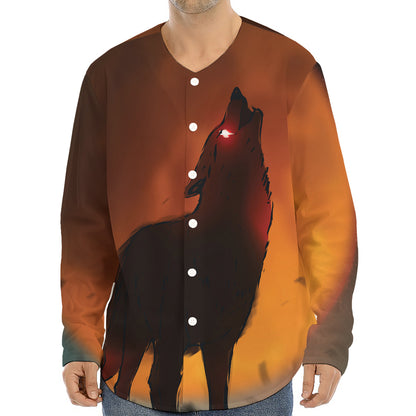 Red Moon Howling Wolf Print Long Sleeve Baseball Jersey