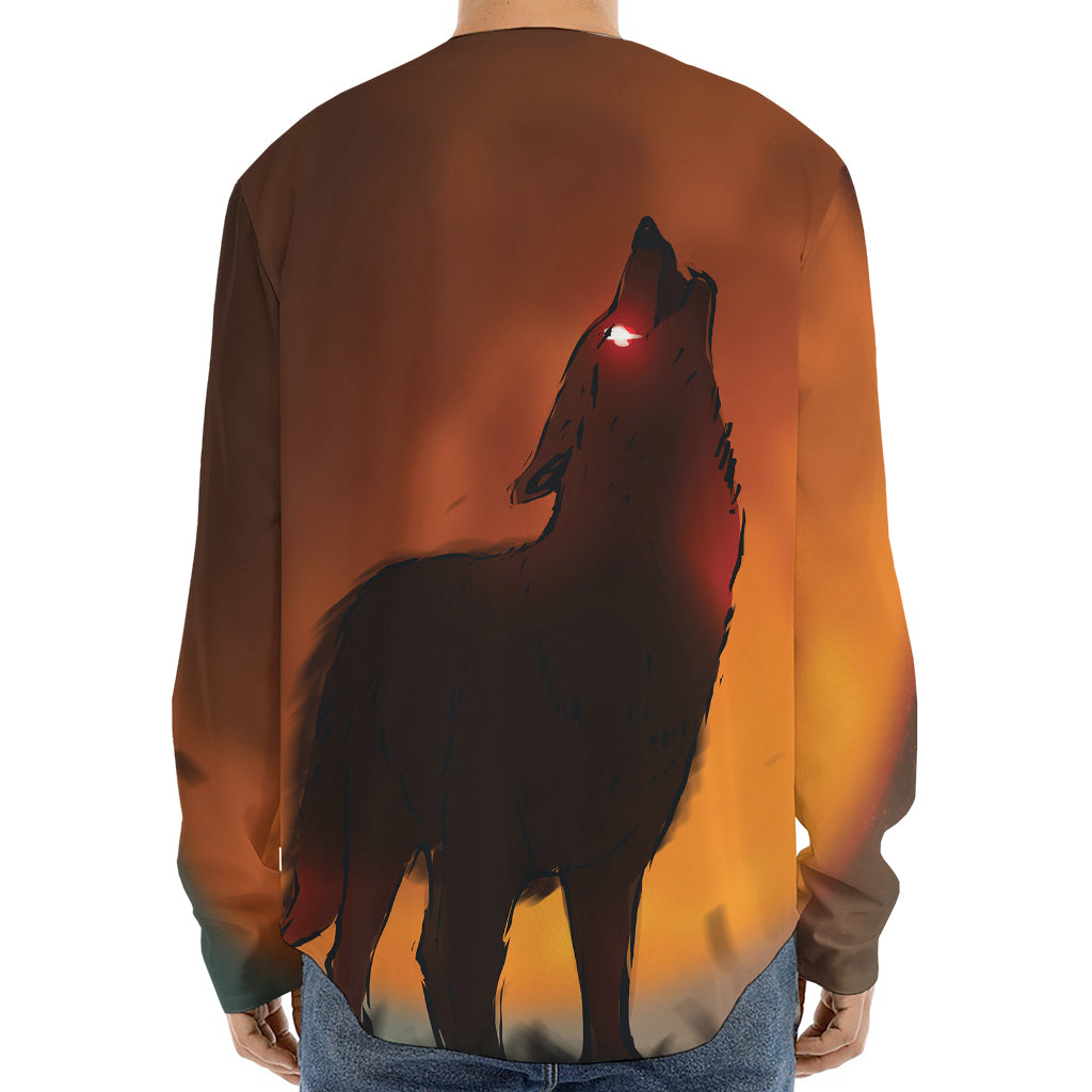 Red Moon Howling Wolf Print Long Sleeve Baseball Jersey