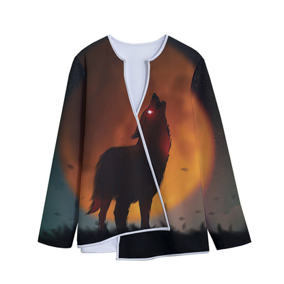 Red Moon Howling Wolf Print Long Sleeve Short Coat