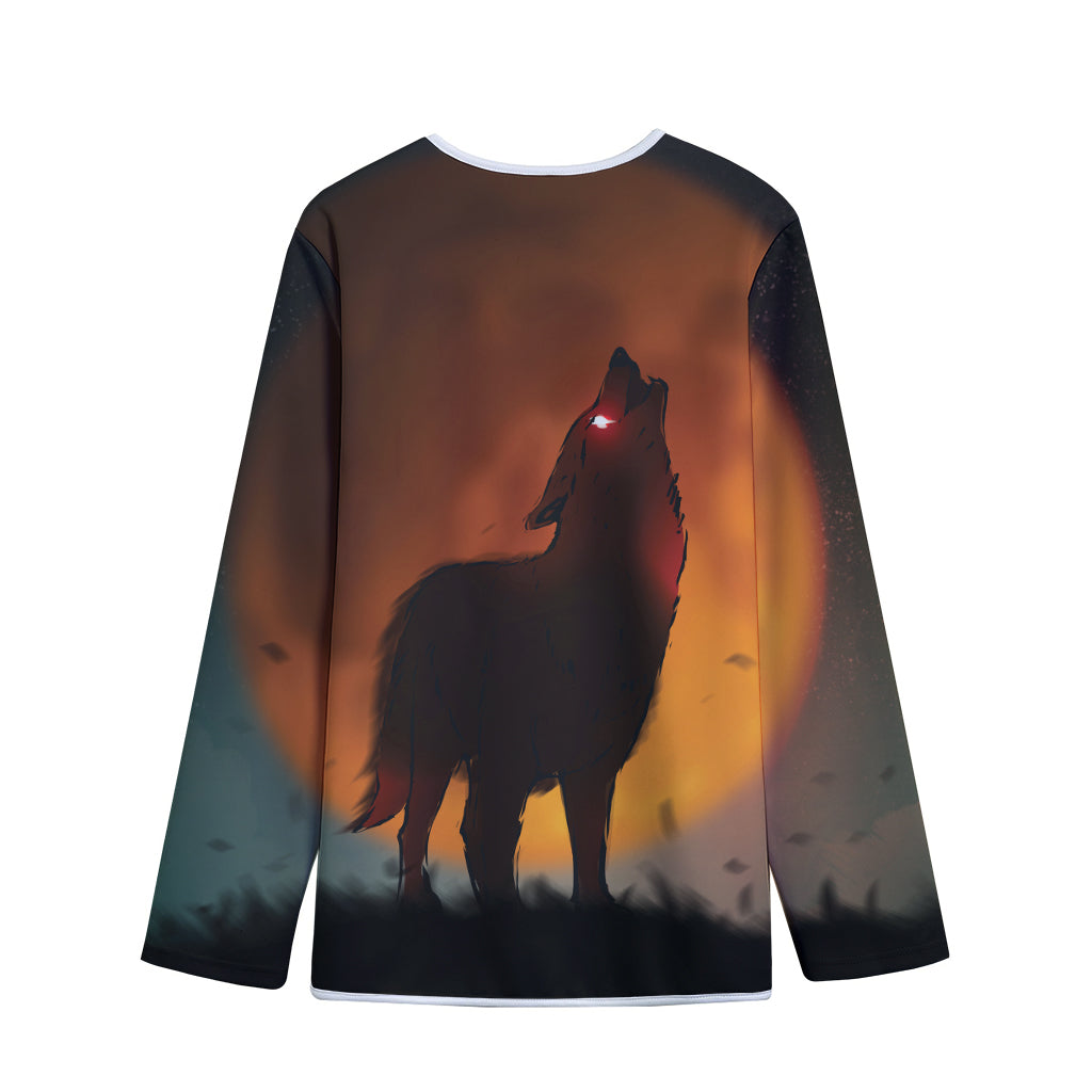 Red Moon Howling Wolf Print Long Sleeve Short Coat