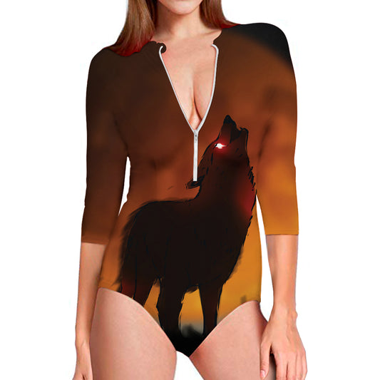 Red Moon Howling Wolf Print Long Sleeve Swimsuit