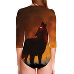 Red Moon Howling Wolf Print Long Sleeve Swimsuit