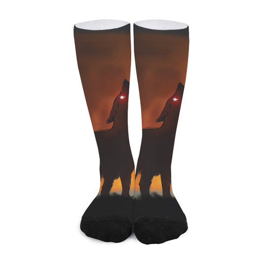 Red Moon Howling Wolf Print Long Socks
