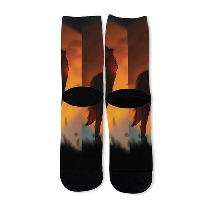 Red Moon Howling Wolf Print Long Socks