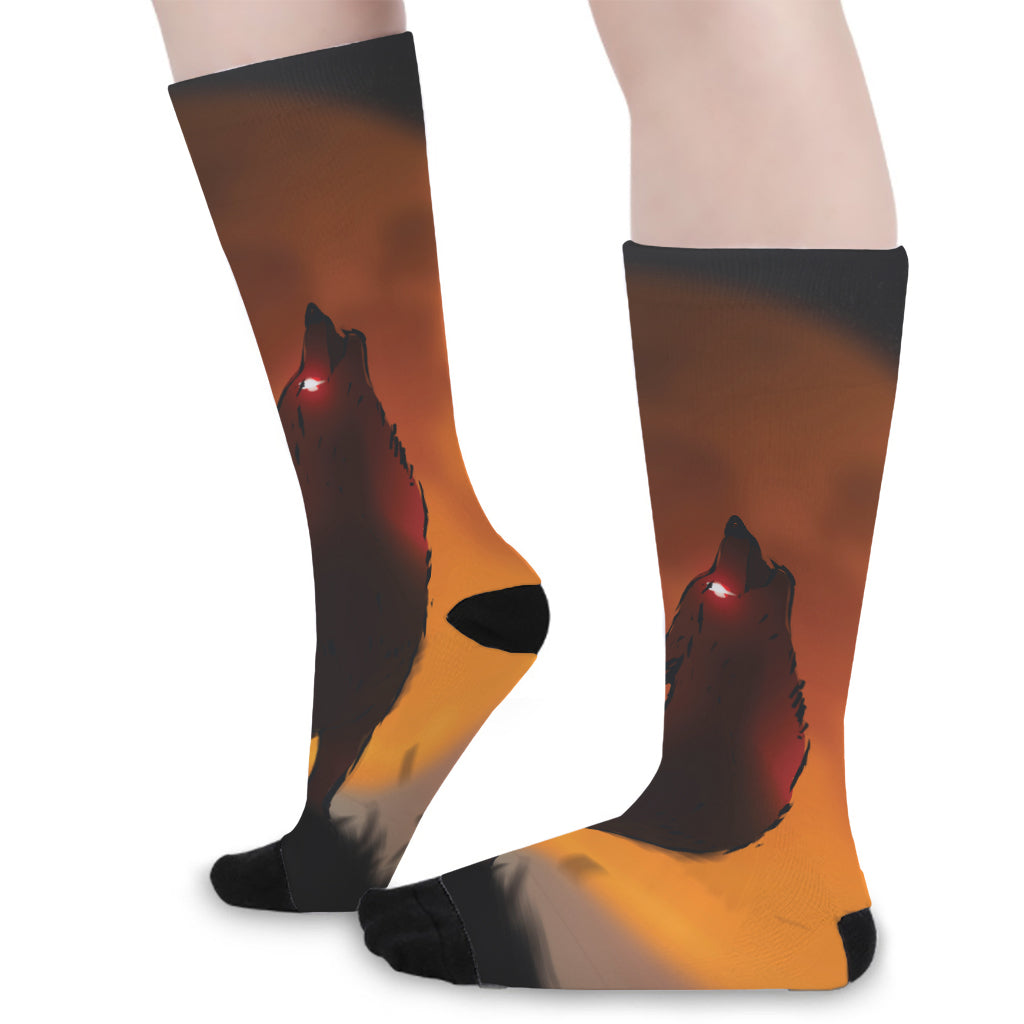 Red Moon Howling Wolf Print Long Socks