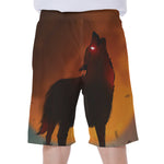 Red Moon Howling Wolf Print Men's Beach Shorts