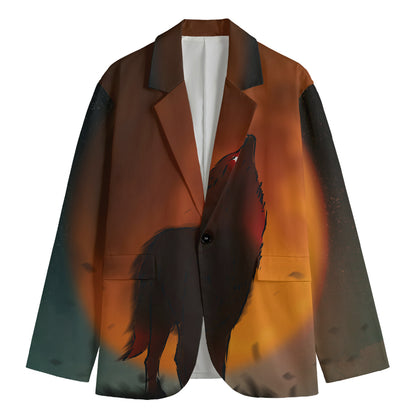 Red Moon Howling Wolf Print Men's Blazer