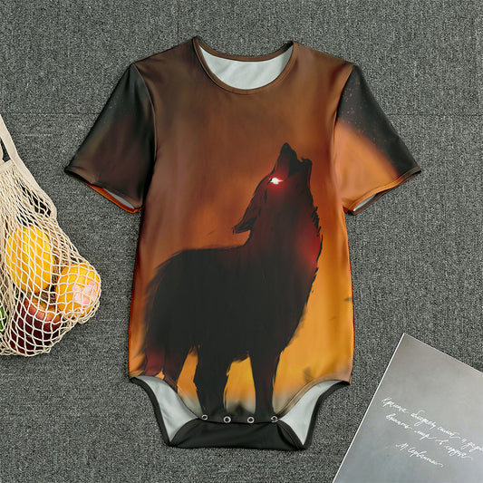 Red Moon Howling Wolf Print Men's Bodysuit