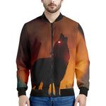 Red Moon Howling Wolf Print Men's Bomber Jacket