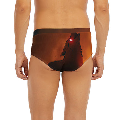 Red Moon Howling Wolf Print Men's Briefs
