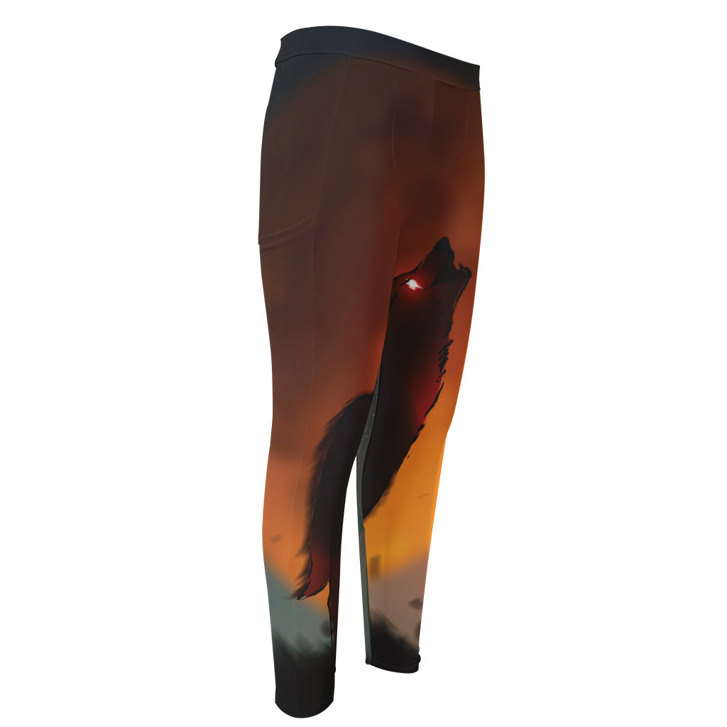 Red Moon Howling Wolf Print Men's Compression Pants