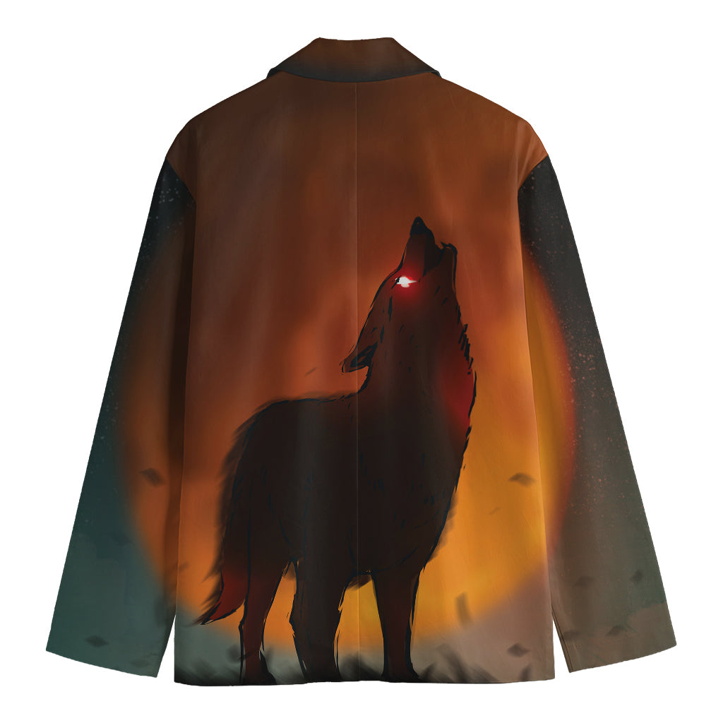Red Moon Howling Wolf Print Men's Cotton Blazer