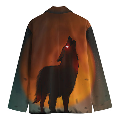 Red Moon Howling Wolf Print Men's Cotton Blazer