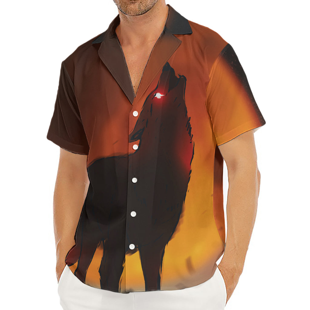 Red Moon Howling Wolf Print Men's Deep V-Neck Shirt