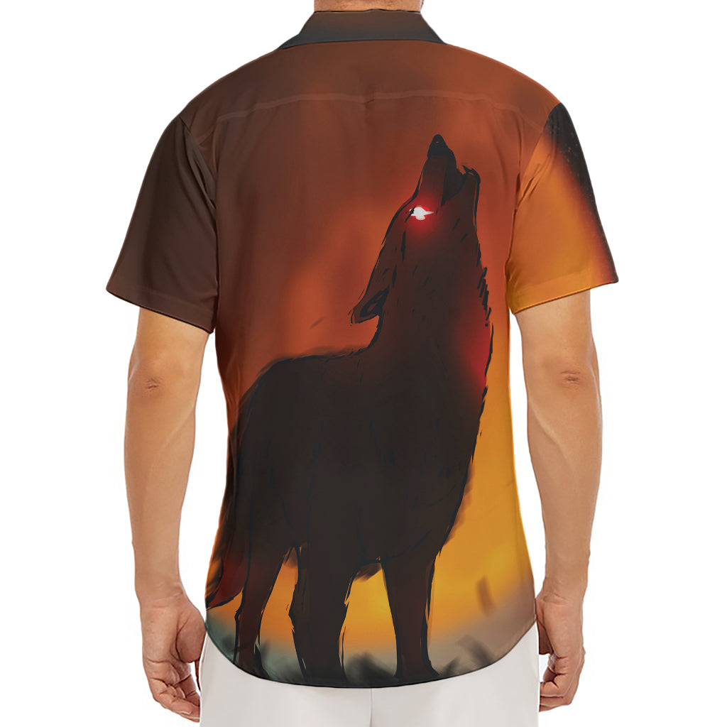 Red Moon Howling Wolf Print Men's Deep V-Neck Shirt