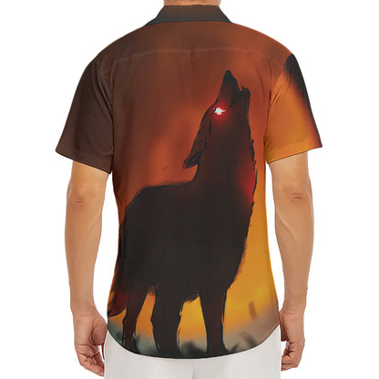 Red Moon Howling Wolf Print Men's Deep V-Neck Shirt