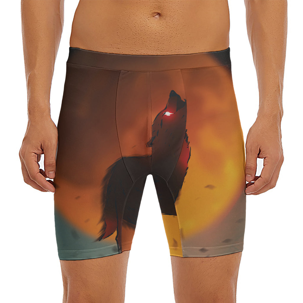 Red Moon Howling Wolf Print Men's Long Boxer Briefs