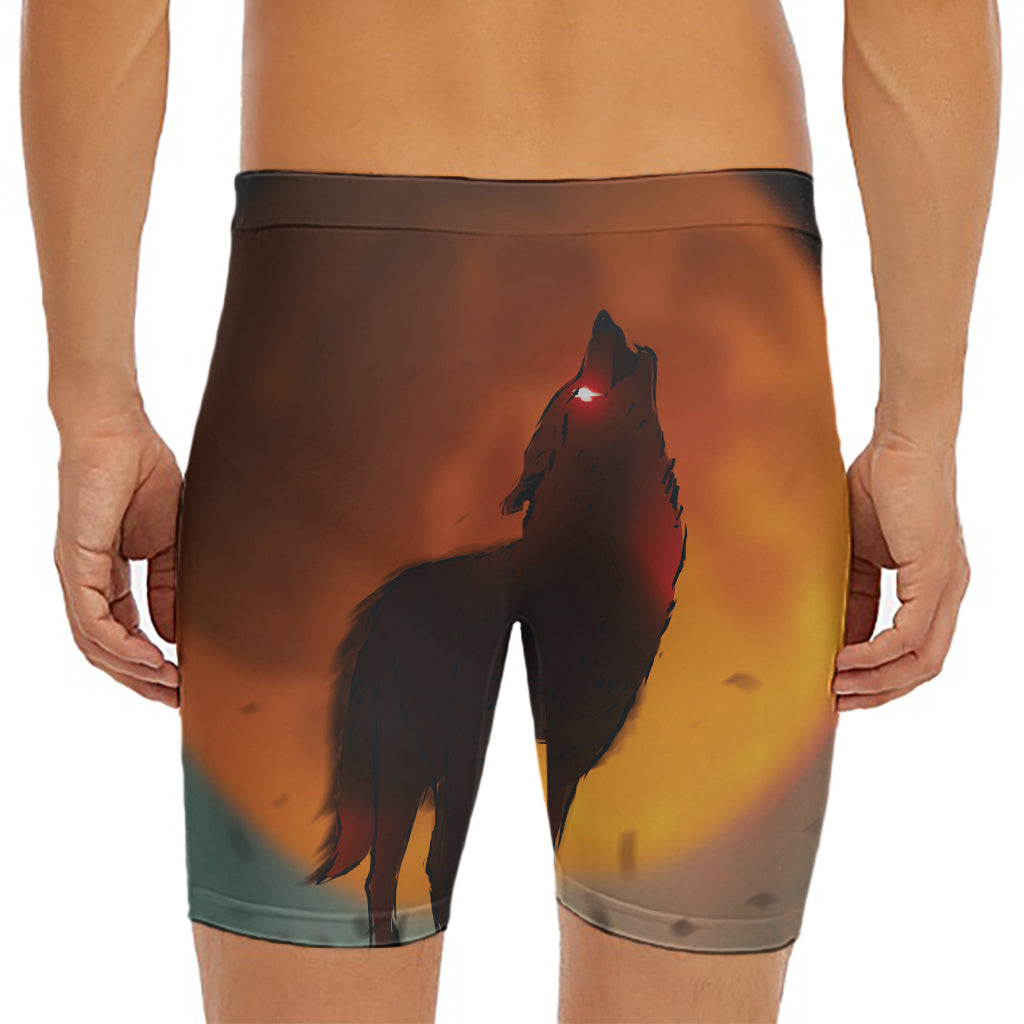 Red Moon Howling Wolf Print Men's Long Boxer Briefs