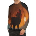 Red Moon Howling Wolf Print Men's Long Sleeve Rash Guard