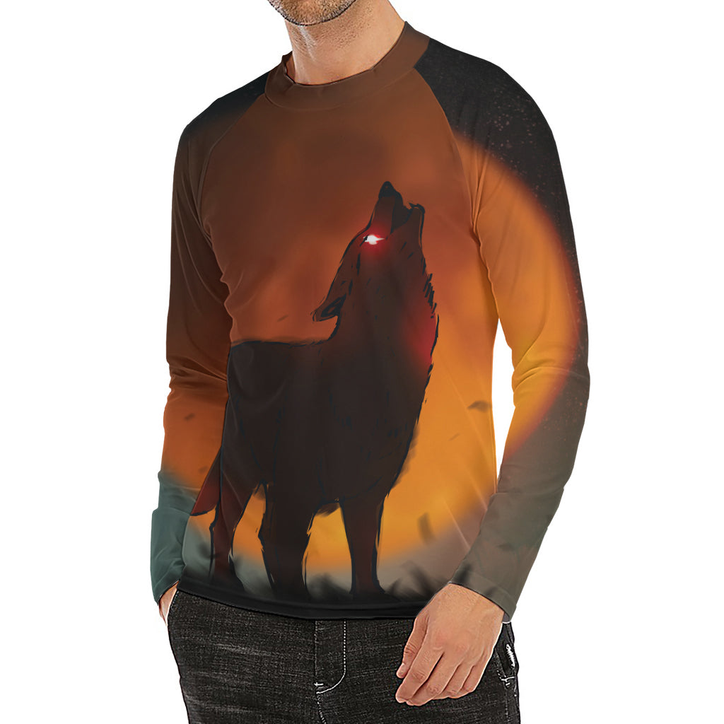 Red Moon Howling Wolf Print Men's Long Sleeve Rash Guard