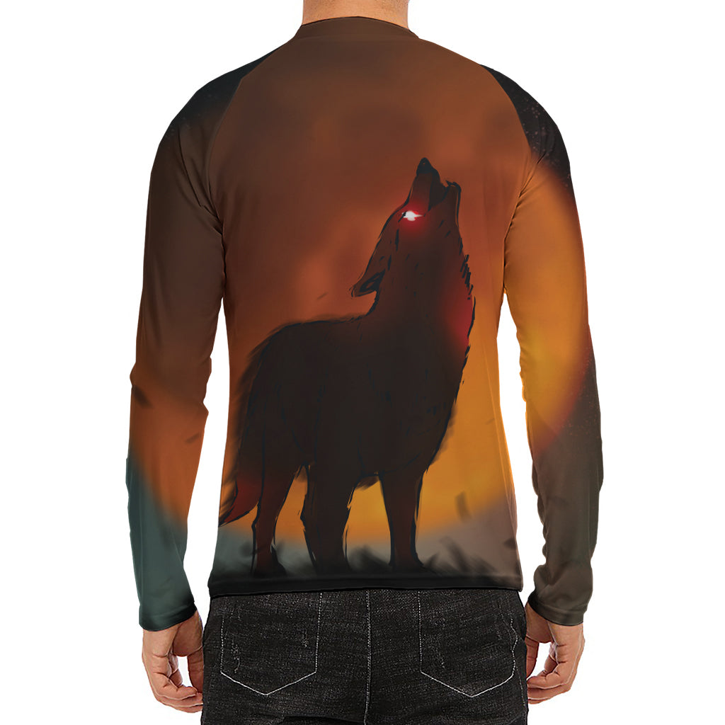 Red Moon Howling Wolf Print Men's Long Sleeve Rash Guard
