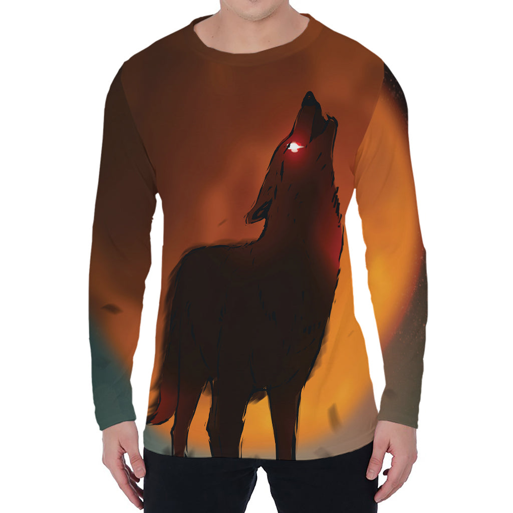 Red Moon Howling Wolf Print Men's Long Sleeve T-Shirt