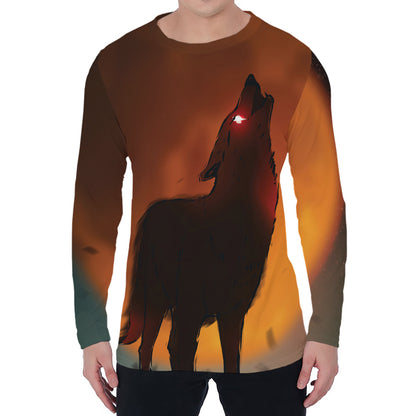 Red Moon Howling Wolf Print Men's Long Sleeve T-Shirt