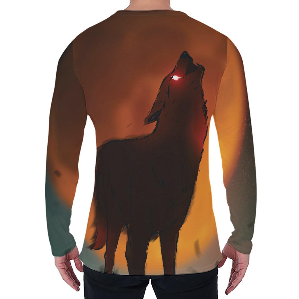 Red Moon Howling Wolf Print Men's Long Sleeve T-Shirt