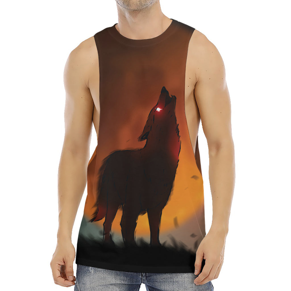 Red Moon Howling Wolf Print Men's Muscle Tank Top