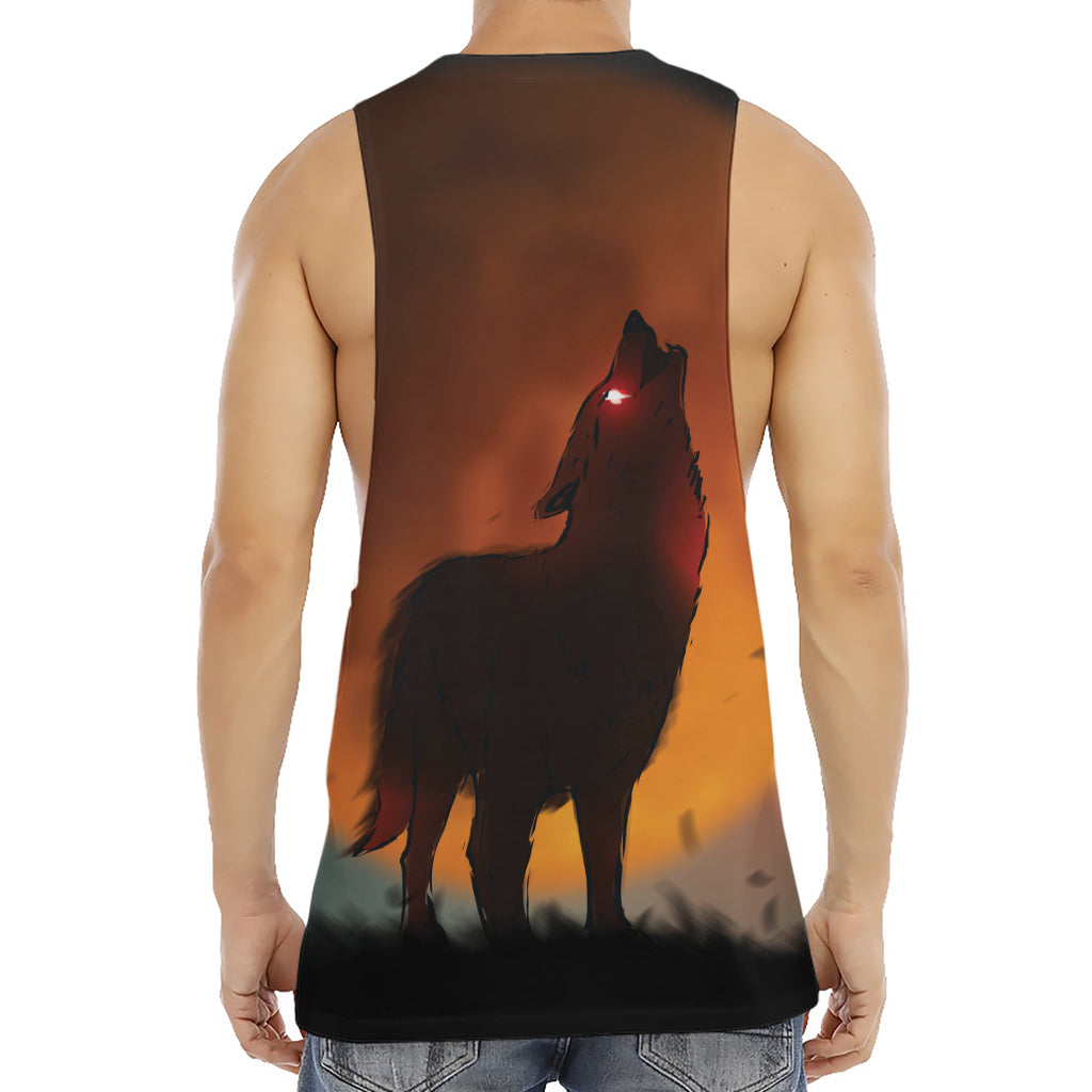 Red Moon Howling Wolf Print Men's Muscle Tank Top